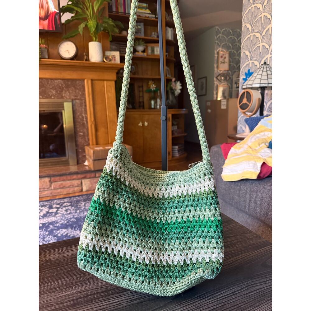 LINA Green Stripped Crochet Shoulder Bag